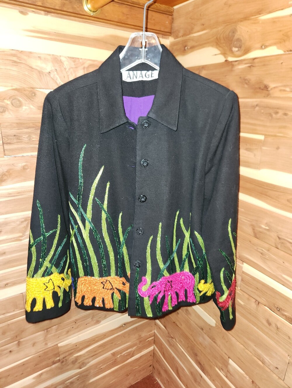 Vintage 90s Anage Black Jacket with Colorful Embroidered Elephants